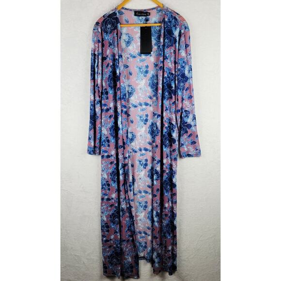 Bohemian 2XL Long Cardigan Duster Sheer Pink Blue Floral Romantic Fairycore - Picture 1 of 11